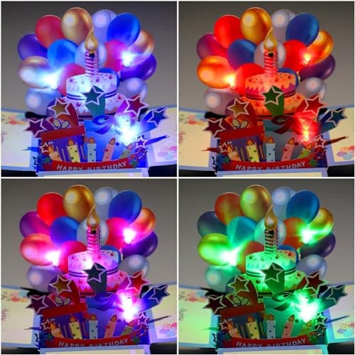 JIZZU Carte d'anniversaire Musicale, Pop-up 3D Carte Anniversaire avec Bougie à Souffler Music Lumière, Carte d'anniversaire pop-up 3D avec Enveloppe pour Femmes Hommes Filles Amis Mères