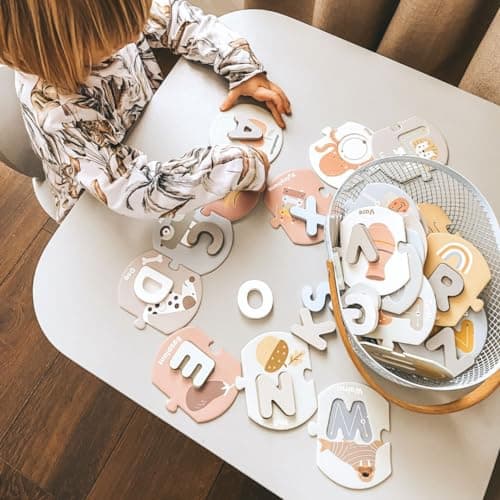 Mamabrum, Puzzle Alphabet en Bois, 26 Lettres en Bois, 26 Puzzles en Carton, Support pédagogique pour l'apprentissage de l'alphabet, Reconnaissance des Lettres, Couleurs Pastel