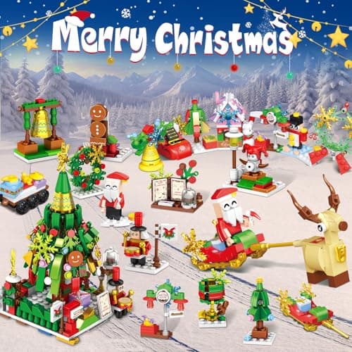 Calendrier de l'Avent 2024, Jouet Calendrier de l'Avent de Noël avec 24 Blocs de Construction 12 en 1 Père Noël Blocs Construction, Compte à rebours de Noël de 24 jours Cadeaux pour Enfants Adultes