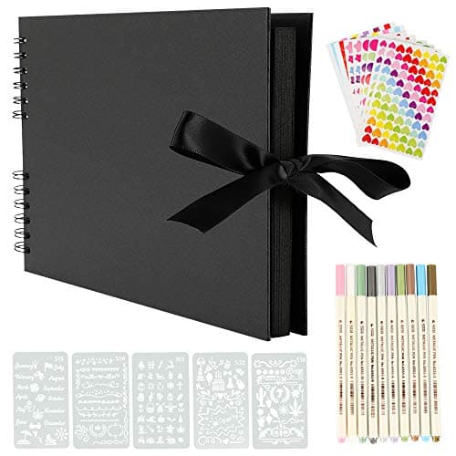 YILEEY Album Photos, 28x21cm Traditionnel Scrapbook 80 Pages Noires Mariage Livre d'or, DIY Scrapbooking Set avec 10pcs marqueurs stylos 5pcs Pochoirs 6pcs Autocollants et 2pcs Coins Photo