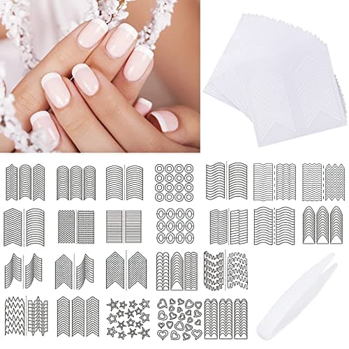 Pwsap Autocollants Ongles Français, Auto-Adhésifs Autocollants de Manucure Blanc, 24 Feuilles Autocollants Tips Guide Ongles Français Pour Manucure Décoration, Vagues, Lune, étoiles, formes d'amour
