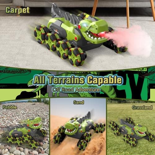 Kssvzz Dinosaur Voiture Télécommandée 3 4 5 6 7 8 9 Ans, 8WD 2.4GHz Monster Truck Telecommande avec Rotation à 360°/Pulvérisation/Lumière, Jouet Enfant Garçon Jouet 3-12 Ans Voiture Enfant, Vert