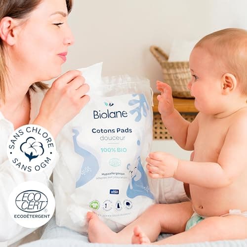 BIOLANE - Cotons pads douceur - Bébé - 100% Bio - 150 Cotons - Peaux sensibles - Change & Toilette - Dès la naissance - Fabriqués en France