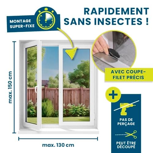 Hoberg Moustiquaire de fenêtre avec Fixation magnétique innovante | Moustiquaire jusqu'à 150 x 130 cm découpable Individuellement, Pas de perçage ni de vissage | Fixation avec 16 aimants [Noir]