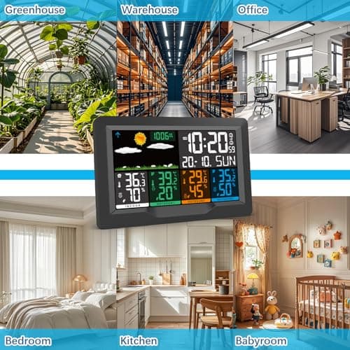 Qxmcov Station Météo sans Fil avec 3 Capteurs, Thermomètre Hygromètre Numériques Intérieure/Extérieure, Ecran LCD Couleur, avec Calendrier l'horloge Réveil Snooze Prévisions Température Humidité