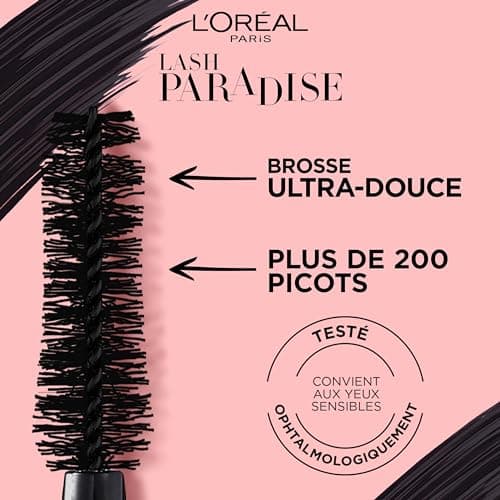 L'Oréal Paris - Mascara Volume Noir Intense - Convient aux Yeux Sensibles - Formule à l'Huile de Ricin - Lash Paradise - Teinte : Noir Intense - 6,4 ml
