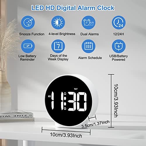 CHEREEKI Réveil Matin LED, Réveil Lumineux avec Affiche la Semaine, Fonction Snooze, 4 Luminosité Réglable, 2 Alarmes, Horloge Digitale à Piles pour Enfant, Adolescent, Personnes âgées