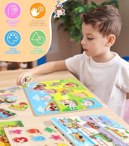 Gontence 4 Pièces Puzzle Enfant 2 3 Ans - Jouet Enfant 2 3 Ans - Puzzle Bois - Montessori 1 an - Jouet en Bois Fille Garcon