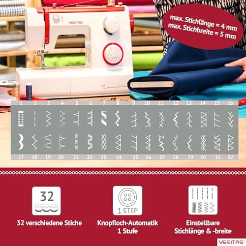 VERITAS Camille - Machine à coudre mécanique pour débutants et avancés, 32 programmes de points, avec bras libre, aide à l’enfilage et éclairage LED