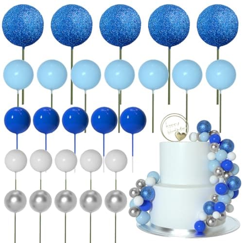 ASTARON 50 pièces décorations de gâteau en forme de boules Mini ballons Bâtonnets de décoration de gâteau Boules en mousse Pics à gâteau pour fête de mariage Anniversaire (série bleue)