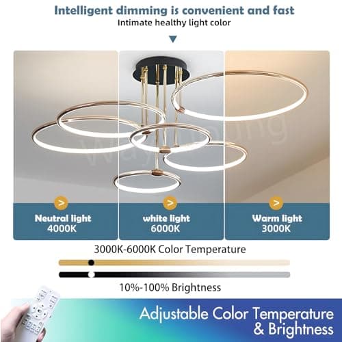 YYUTLUO Plafonnier LED, Ø105cm lustre Cercle En Métal Doré, 145W Dimmable En Continu 3000-6000K, Pendentif Galvanoplastie Rond Moderne, Chambre Salon Enfants Bureau Étude Cuisine Couloir (6 Anneaux)