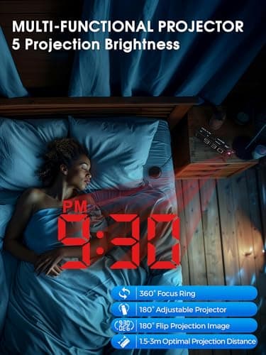 Reveil Projecteur Plafond avec Double Alarme, Horloge Numérique Bruyant pour Sourd, Alarme Bruyante&Shaker Puissant, 180° Horloge Projecteur avec Charge USB, Variateur d'Intensité, 12/24 H, Snooze