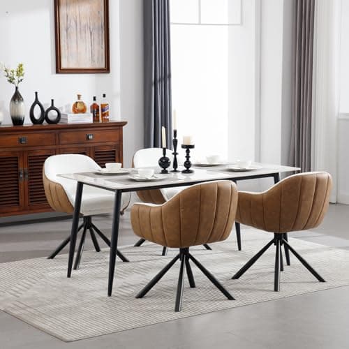 WOLTU 1x Chaise Pivotante, Chaise Salle à Manger, Chaise de Cuisine, Chaise Scandinave, Fauteuil Chambre, Siège Rembourré, Pieds en Métal, Chenille Blanc + Simili Cuir Marron, EZS04ws-1