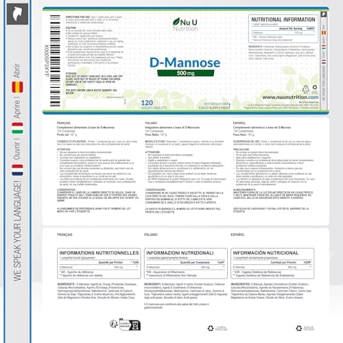 D-Mannose 500mg - 120 Comprimés Végétaliens - 4 Mois - Forte Puissance - Sans Allergènes - Pas de Gélules ni de Poudre de D Mannose - Nu U Nutrition