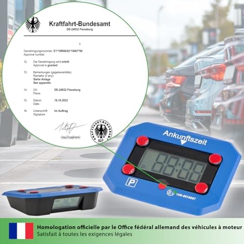 fouraces Disque de stationnement électronique - Automatique, Heure d'été et d'hiver - indicateur de Batterie, Homologation, Batterie de Rechange, pour Voiture, Bleue, Bleu