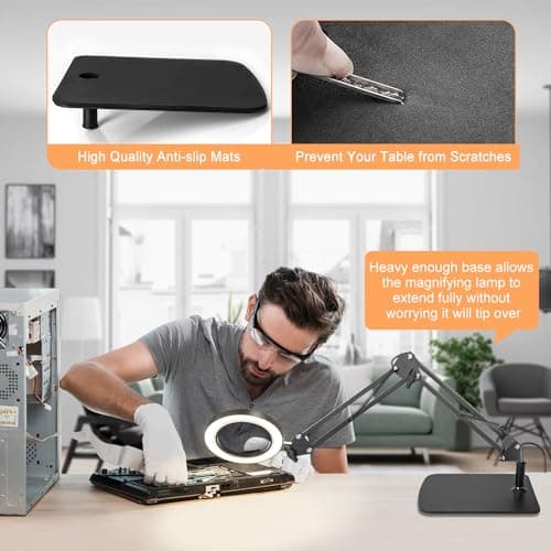 Jubor 2 en 1 Lampe de Bureau Loupe, 15X 10X Loupe avec Lumière et Support, Lampe Loupe LED avec Bras Pivotant, Lampe de Bureau avec 3 Modes de Couleurs Réglables pour Lecture, Réparation, Artisanat
