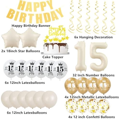 Décoration 15 ans anniversaire Beige Deko, 15 ans anniversaire Crème Blanc Or Fille Garçon, Ballons 15 ans anniversaire Beige Or, 15 ans anniversaire Boho Party Deko, Beige Or Ballon 15 ans