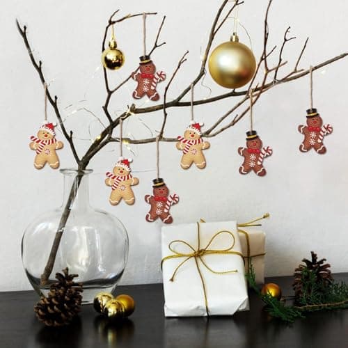 12Pcs Décoration Sapin Noël Pendentif en Bois Motif Bonhomme Pain d’épice Suspension Ornement à Suspendre pour Arbre Noël Chambre Intérieure