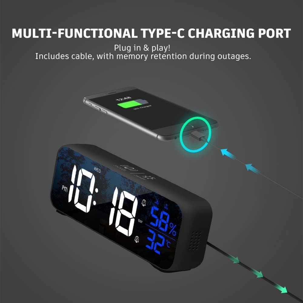 Reveil Matin, Réveil Numérique Miroir LED avec Fonction Snooze, Grand écran avec Affichage de la Température, Alarm Clock, Réveil Lumineux Alimenté par USB, Reveil avec 12/24H