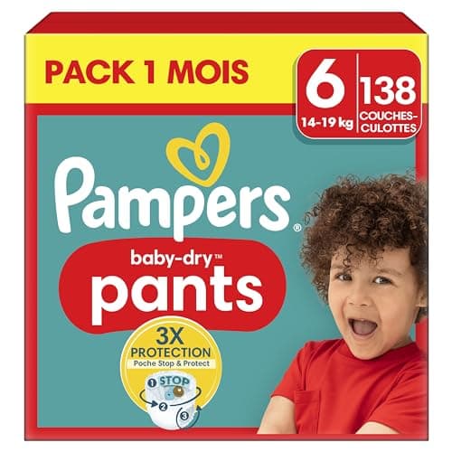 Pampers Baby-Dry Pants, Taille 6, 138 Couches-Culottes, 14-19kg, Maintien 360° Contre Les Fuites Avec Une Poche Stop & Protect Pour Une Nuit Jusqu'à 100% Sans Fuites, Pack 1 Mois