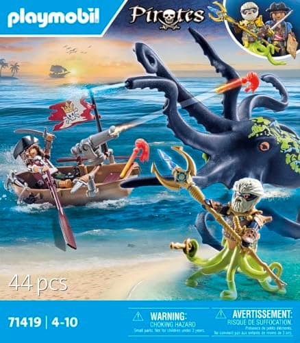 Playmobil 71419 Pirate avec Pieuvre géante, Comprend Deux Personnages, Une Pieuvre géante Qui pulvérise de l'eau, Un Bateau à rames et de Nombreux Accessoires, Univers Pirates, pour Enfants dès 4 Ans