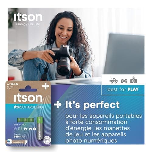 ITSON, AAA piles rechargeables, PRO, lot de 4, puissantes piles rechargeables, capacité Min. 930 mAh, pré-chargées, emballage à 95% de matériaux recyclés, made in Japan