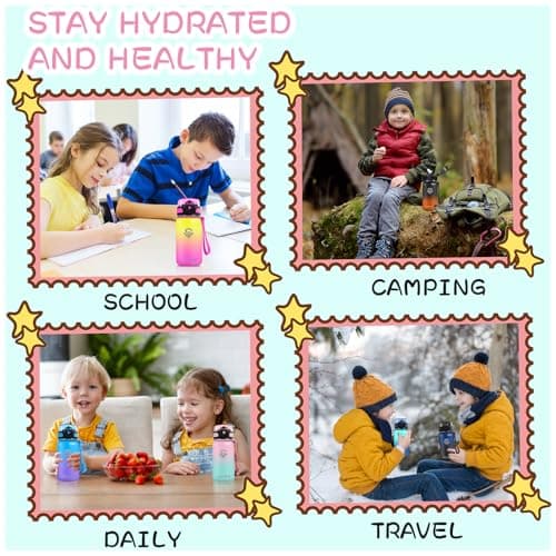 Grsta Gourde Enfant, Gourde Isotherme Sans BPA, Gourde 500ml Garçons & Filles, Gourde avec Paille, Réutilisable, Gourde Anti Fuite, Facile à Nettoyer, Gourde pour École, Bureau, Outdoor