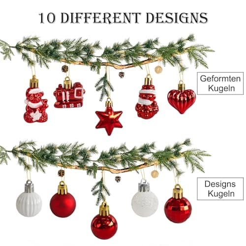 34 Boules de Noël avec Pointe d'arbre Set,Ø3/4.5/5.5cm Petites Boules de Noël en Plastique Rouge Blanc Boules Mini Noël Décoration de Table Sapin de Noël Décoration Ornements