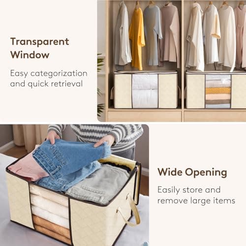 Lifewit Lot de 6 Sac Rangement Vetement 60L, Boite Rangement Déménagement Bac de Rangement pour Vêtements, Couvertures, Couettes, Caisse Rangement Pliable avec Poignée Renforcée, Beige