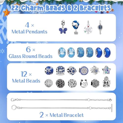 Calendrier de l'avent Bijoux, Calendrier de l'Avent 2024 Enfant Fille, DIY Calendrier de Noël Charms Bracelet Kit Fabrication Creation, Calendrier de l'avent Enfant, Cadeaux de Noël 5-13 Ans, Bleu
