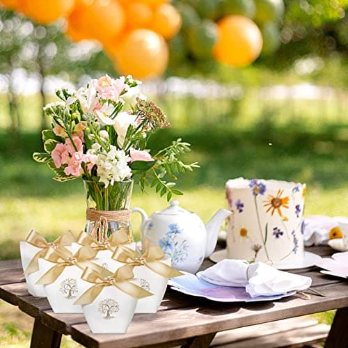 25Pcs Boîtes Cadeaux Baptême Communion Anniversaire Sachet Bonbons Mariage Bonbonnière Faveur avec 25Pcs Rubans Ballotin Chocolat Dragées Confirmation Design Arbre de Vie