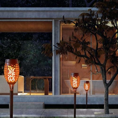 LQWELL Lampes solaires pour jardin extérieur, paquet de 6 lampes solaires à 12 LED avec effet de flamme, torches de jardin étanches IP65, éclairage solaire (Blanc chaud 6 pièces)