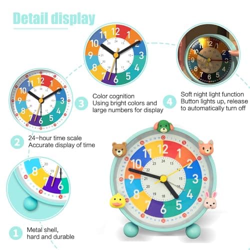 PIXESTT Reveil Enfant, Reveil Enfant Educatif Jour/Nuit IdéAl pour êTre à L’Heure à L'ÉCole, sans Bruit De Tic-Tac avec Fonction Snooze Et Veilleuse, Livré avec 5 Adorables DéCorations De RéVeil Vert