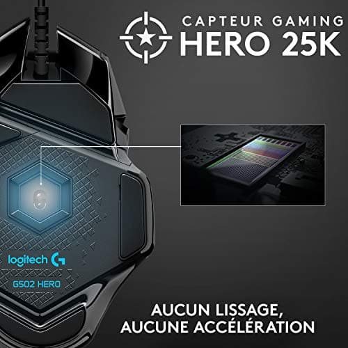 Logitech G502 HERO Souris Gamer Filaire Haute Performance, Capteur Gaming HERO 25K, 25 600 PPP, RVB, Poids Ajustable, 11 Boutons Programmables, Mémoire Intégrée, PC/Mac - Noire