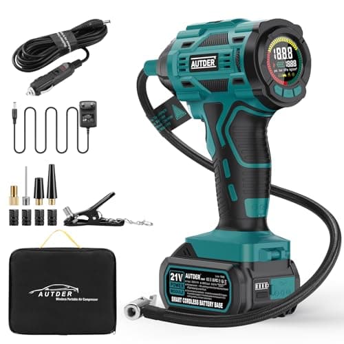 AUTDER Compresseur d'air Portable, Gonfleur de pneus sans Fil 180 PSI avec Deux Sources d'alimentation, Batterie 21V / 12V DC, Manomètre numérique, Arrêt Automatique (Bleu)