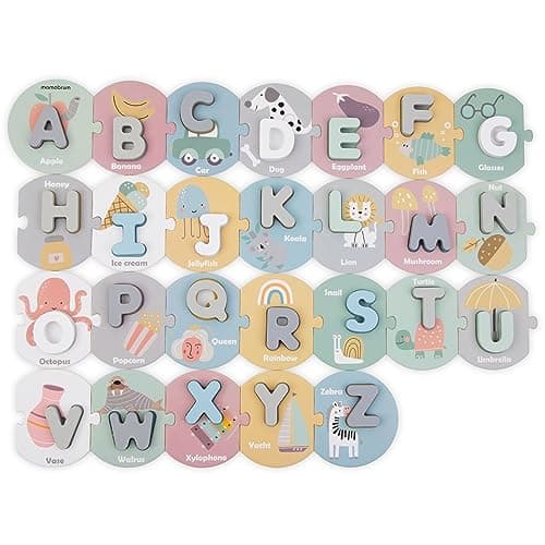 Mamabrum, Puzzle Alphabet en Bois, 26 Lettres en Bois, 26 Puzzles en Carton, Support pédagogique pour l'apprentissage de l'alphabet, Reconnaissance des Lettres, Couleurs Pastel
