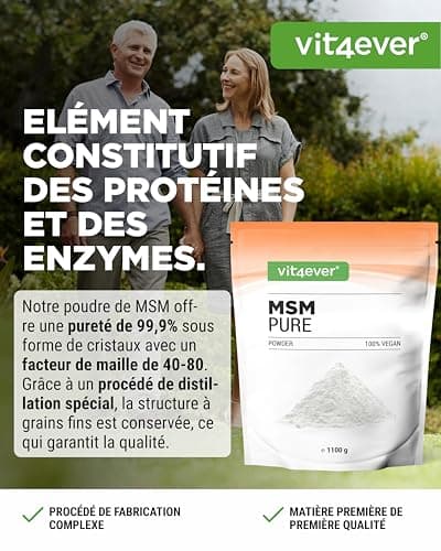 MSM en poudre - 1,1 kg (1100g) - - méthylsulfonylméthane cristallin pur à 99,9% - Facteur de maille 40-80 - Testé en laboratoire - Soufre organique - Végétalien