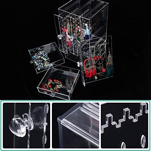 VINFUTUR Porte Présentoir Bijoux Boîte Rangement Boucle d'oreille Transparent 222 Trous avec 3 Tiroirs Plateaux Organisateur Maquillage pour Bijoux Collier Bracelet