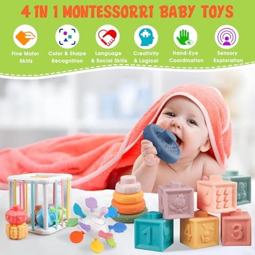 Plunack Jouets Bébés pour 6 à 12 Mois | 4 in 1 Montessori Sensoriel Jouets | Jouet Empilable Bébé | Motricité Cube d'activité Jeux pour Enfants | Jeux Eveil Bebe 1 2 3 Ans Anniversaire Noël Cadeau