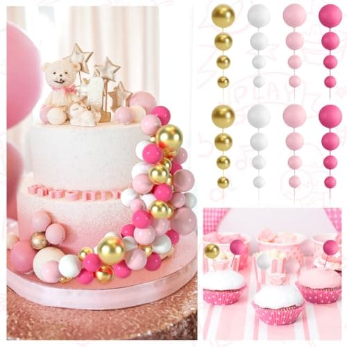 BOUBONI 48 Pièces Boules de Décoration de Gâteau Décorations de Cupcake en Ballon Boules pour Fête d'anniversaire Décoration de Gâteau d'Anniversaire(Rose Rouge, Rose, Blanc, Or)