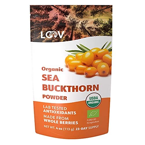 Poudre d’argousier bio LOOV, riche en fibre, faite à 100% de baies entières, 110 g, cultivés dans les régions nordiques, riche en oméga, vitamines C et E, Portions de 23 jours, ni sucre ajouté ni OGM