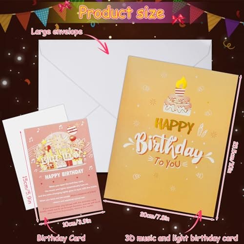 Shinybox Carte 3D Joyeux Anniversaire avec Lumières et Musique Blowable LED, Cartes D'anniversaire Pop-up 3D avec Enveloppe et Étiquette de Note pour Enfants, Femmes, Hommes, Épouse, Maman