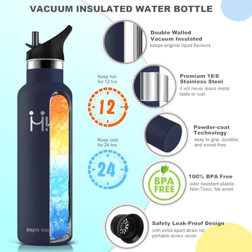 HoneyHolly Gourde Isotherme - Bouteille Isotherme 1L - Gourde INOX avec Paille - Gourde Sport Étanche - 18/8 Acier Inoxydable, Bouteille d'eau pour Sport, Randonnée, École, Bureau