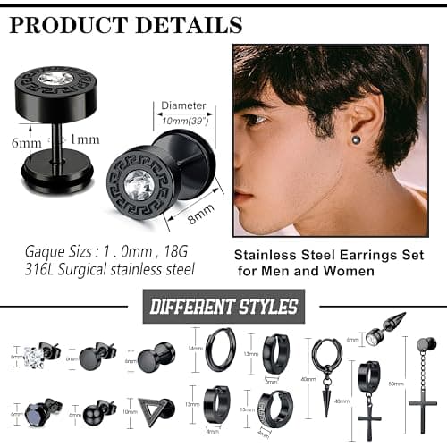 JeweBella 15Paires Boucles d'Oreilles Homme Acier Inoxydable Boucles d'Oreilles Créoles Boucles d'Oreilles Pendantes Croix Piercing Cartilage Boucles d'Oreilles Noires/Argent pour Hommes Femmes