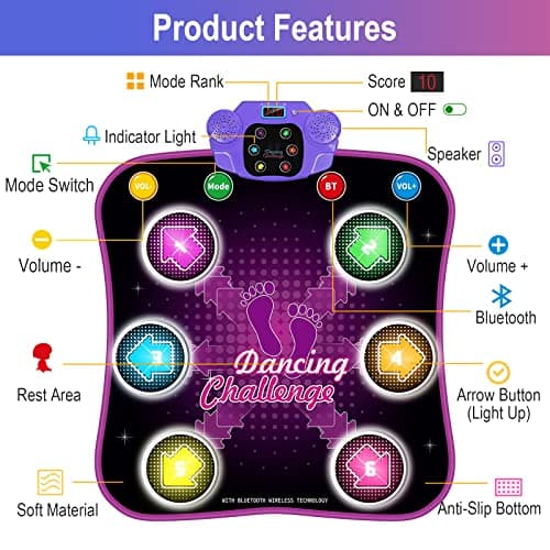 Aucrsozk Enfants Tapis de Danse pour 3 4 5 6 7 8+ Ans Filles avec Bluetooth, Musique Tapis Danse avec 6 Flèches de Lumière LED, Électronique Dance Mat avec Volume Réglable pour Cadeaux de Vacances