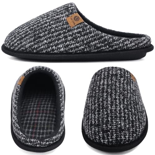 ONCAI Chaussons Homme Pantoufles à Rayures Hiver Chaussures Chaudes pour La Maison en Mousse à Mémoire de Forme, Laine en Peluche Doublée Avec Semelle en Caoutchouc Antidérapante Noir Taille 43