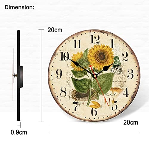 TAHEAT 20 cm L'été Tournesol Horloge Murale, Rétro Rustique Floral Fonctionnant sur Batterie Horloges, en Bois Décoratif Lisible pour la Maison/Bureau/École/Bar
