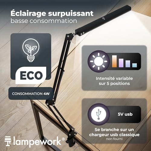 lampework Lampe de Bureau LED Puissante - Lumière Ajustable avec Bras Articulé et Pince - Éclairage Professionnel en Aluminium - Lampe LED Dimmable avec Modes de Couleur pour Bureau, Lit et Table