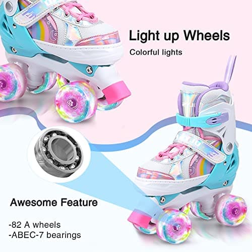 OLYSPM Patins à roulettes pour Enfants, 8 Roues Lumineuses et 4 Tailles réglables, Patins à Quatre Roues avec Sac de Rangement, Patins à roulettes à Double rangée pour Filles, garçons et débutants