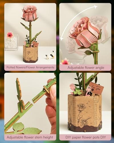 ROBOTIME Fleurs Artificielles Deco, Puzzle 3D Bois, Maquette en Bois a Construire, Construction Adulte, Cadeaux Anniversaire Femmes pour la Saint-Valentin & Décoration d'intérieur, TW041